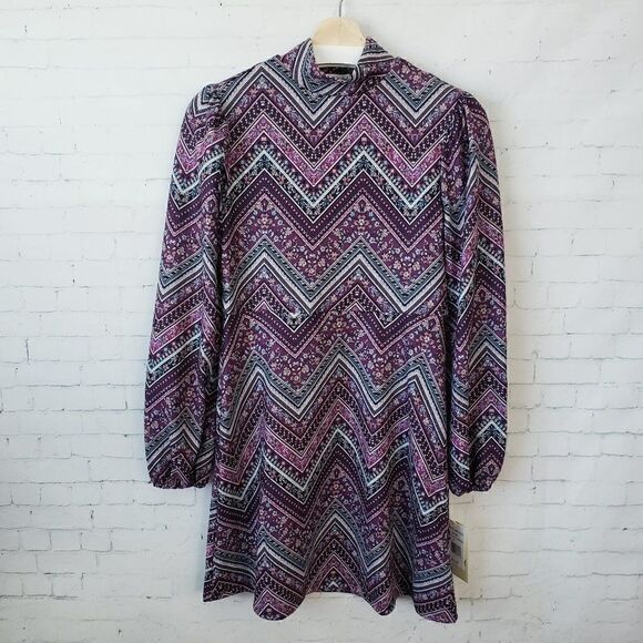Live To Be Spoiled Purple Chevron Print Dress Size Mock Neck Long Sleeve Mini - Picture 1 of 10